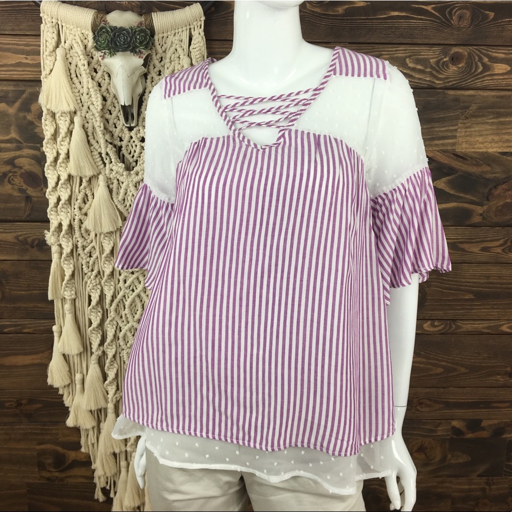 Signature Studio | Strappy Striped Swissdot Blouse
